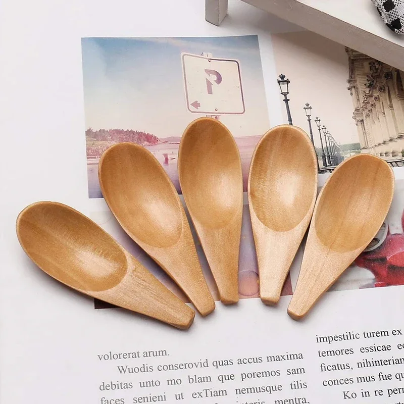 5pcs Wood Mini Tea Spoon Wood Spoon Wooden Spoon Tea Spoon Condiment Scoop Flatware Coffee Tea Small Mini Sugar Spoon Coffee Kitchen Gadgets 7X2.5Cm