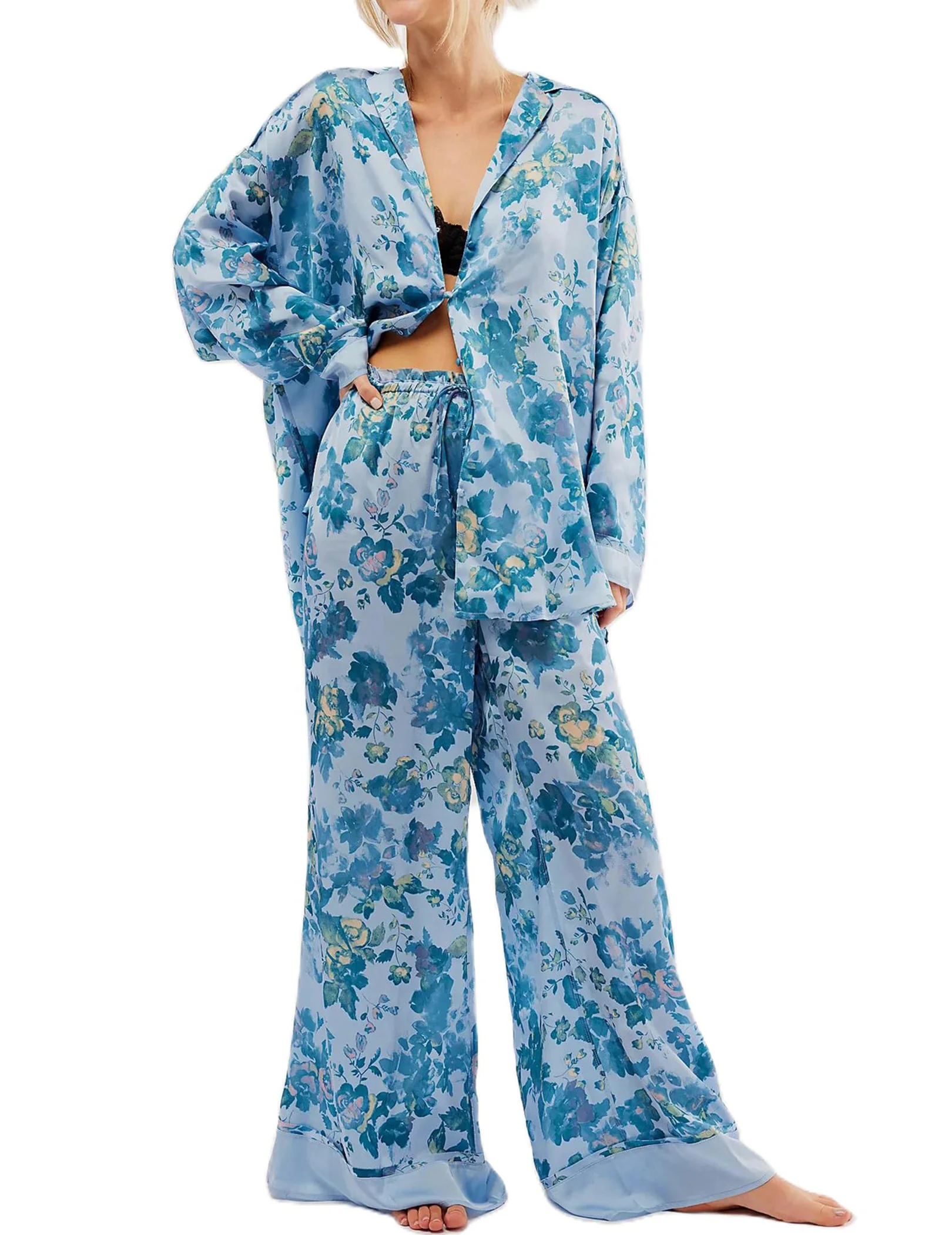 Women Satin Pajama Set Floral Silk Lounge Sleepwear