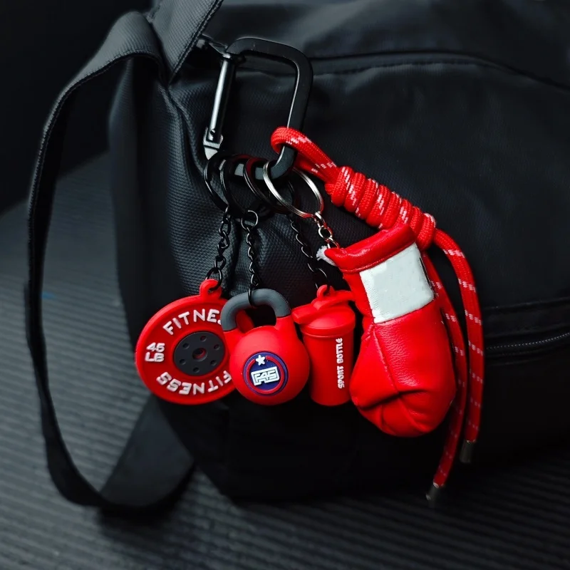Neue Leder Boxhandschuhe Schlüsselanhänger Set Mini Fitness Kettlebell Langhantelplatten Schlüsselanhänger Luxus Taschenanhänger für Sportbegeisterte