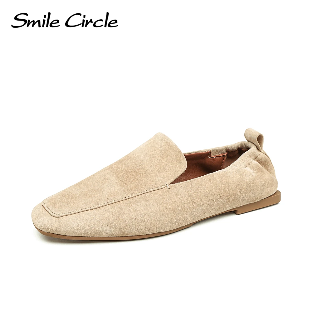 

Smile Circle Suede Leather Loafers Women Square toe Slip-on Flat Shoes Simple Comfortable and Soft Women's Casual Shoes