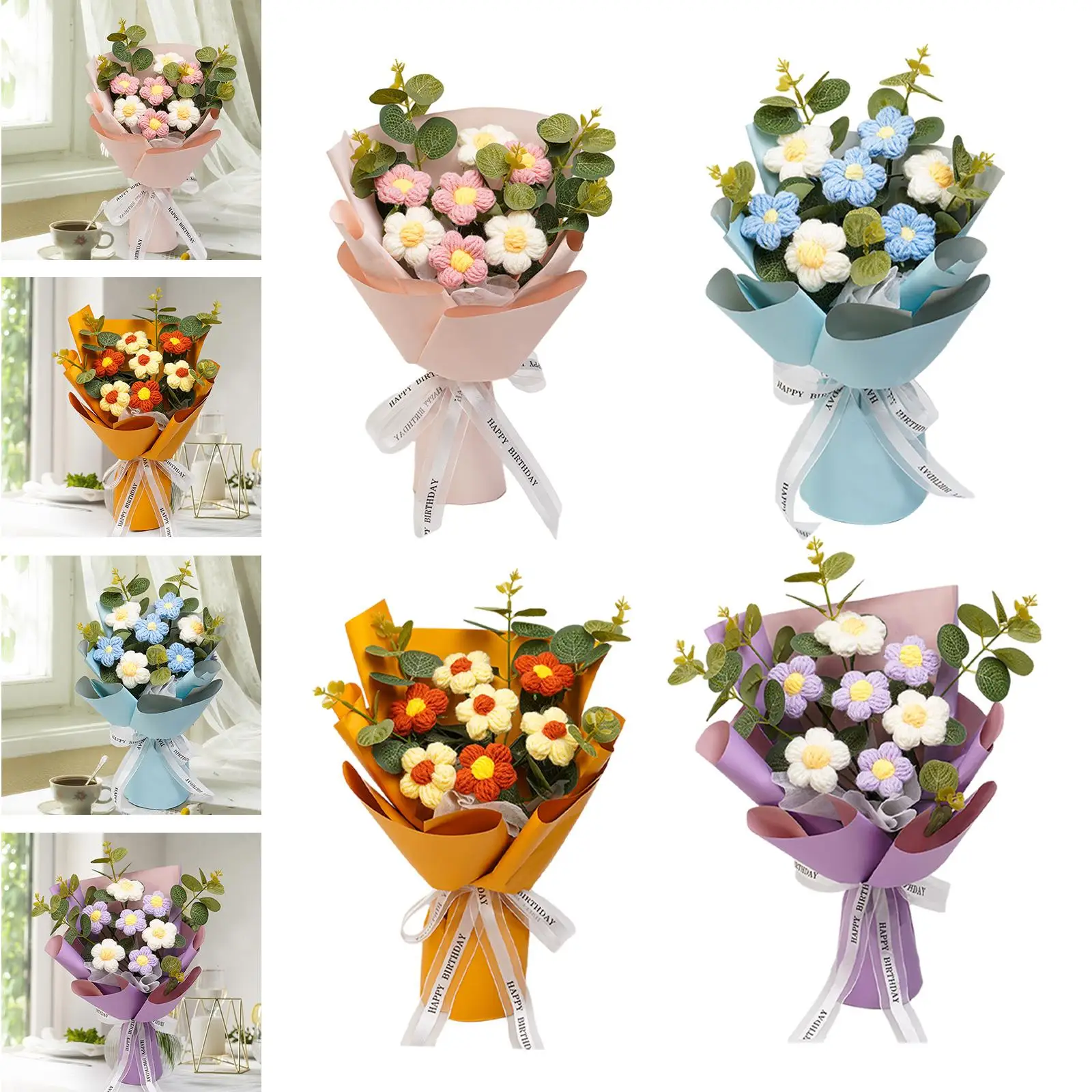 Crochet Flower Bouquet Mother Day Gift Versatile Floral Arrangements Hand Woven Bouquet for Desktop Party Wedding Home Gift