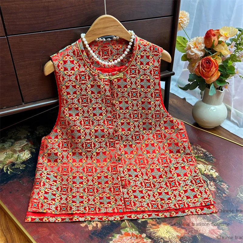 Vintage O-Neck Chinese Style Vest Silk Brocade Jacquard Hanfu Qipao Top Women Elegant Outwear Sleeveless Cheongsam Tang Clothes