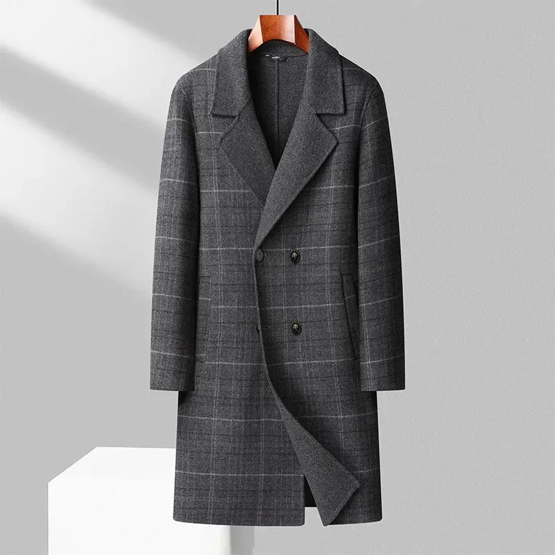 

2023 new arrival winter Double-sided wool long-style thicked trench coat men's smart casual woolen jackets Plaid pattern