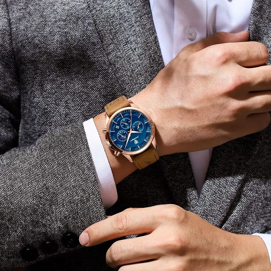 Relógio masculino de alta moda, luminoso, à prova d'água, com pulseira de couro e mecanismo de quartzo. Possui data, cronógrafo e é ideal para negócios._voghion.com