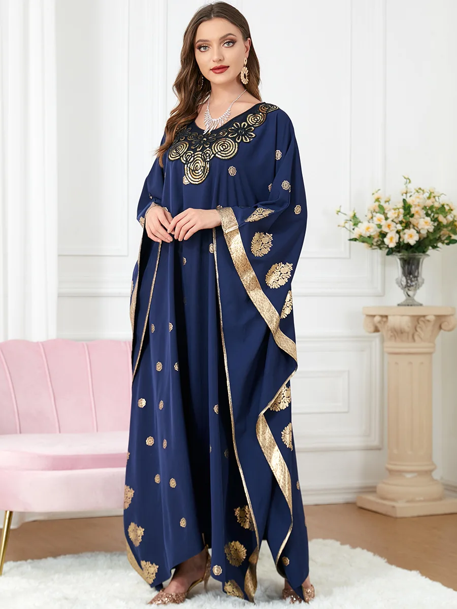 Dubai Abaya Kimono Femme Batwing Sleeve Sequins Embroidery O-Neck Abayat Gilding Print Moroccan Kaftan Ladies Dresses