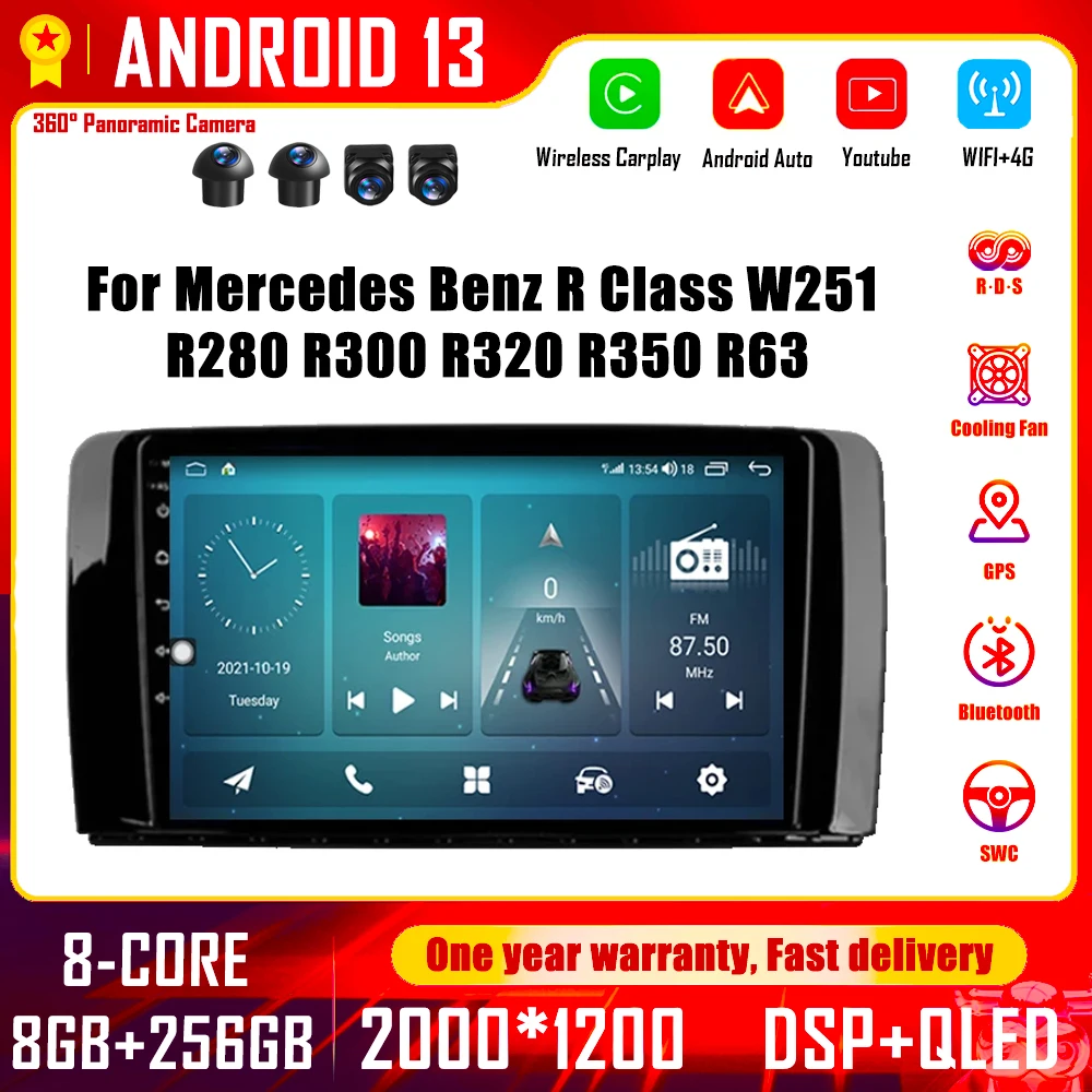 

For Mercedes Benz R Class W251 R280 R300 R320 R350 R63 2005-2017 4G LTE 9" Android13 Car Multimedia Player Auto Radio IPS BT GPS