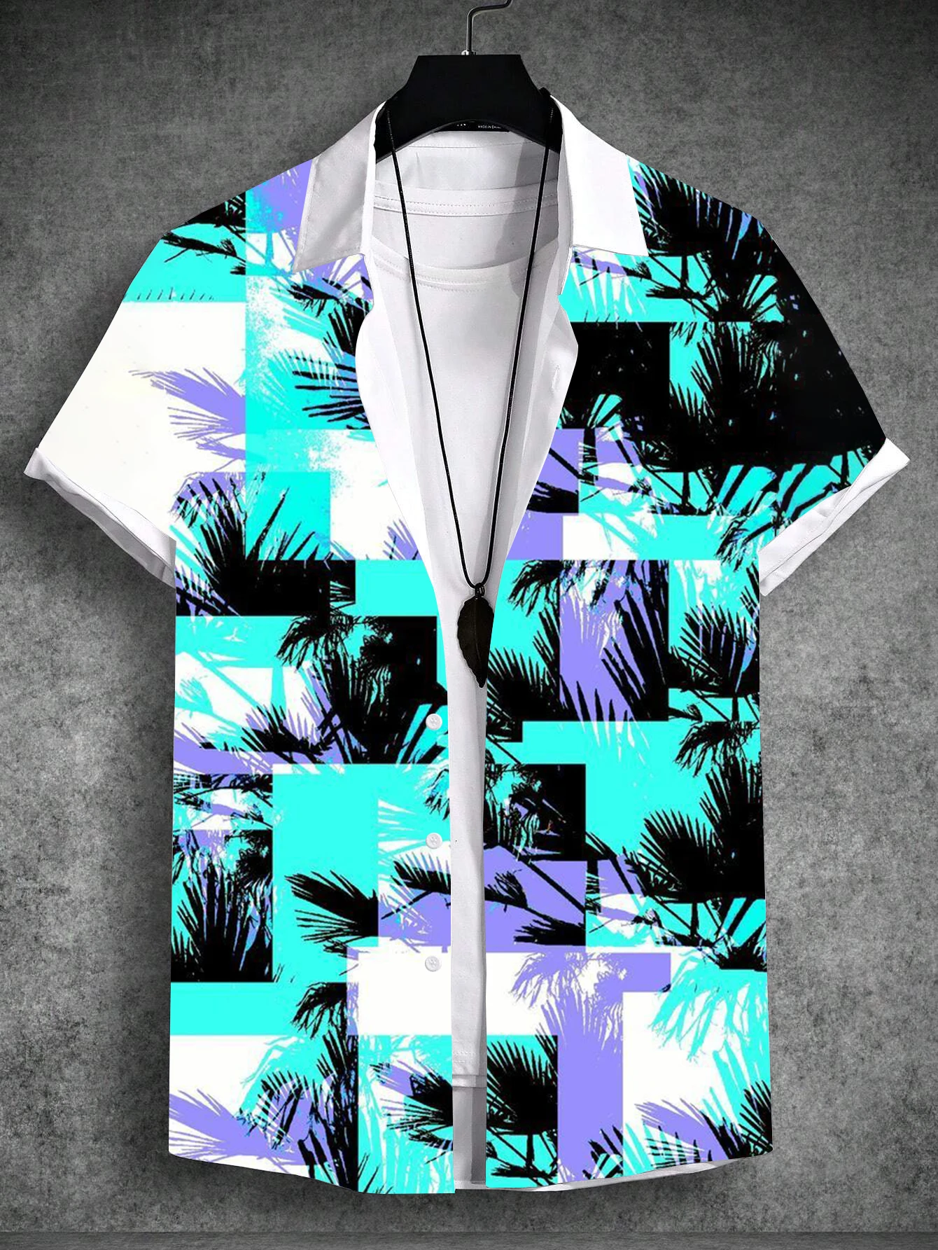 2024 Summer Men's Tropical Print Hawaiian Beach Vacation Set Plant Coconut Tree Short Sleeve T-Shirt 4-Way Stretch Fabric Shirt 3
