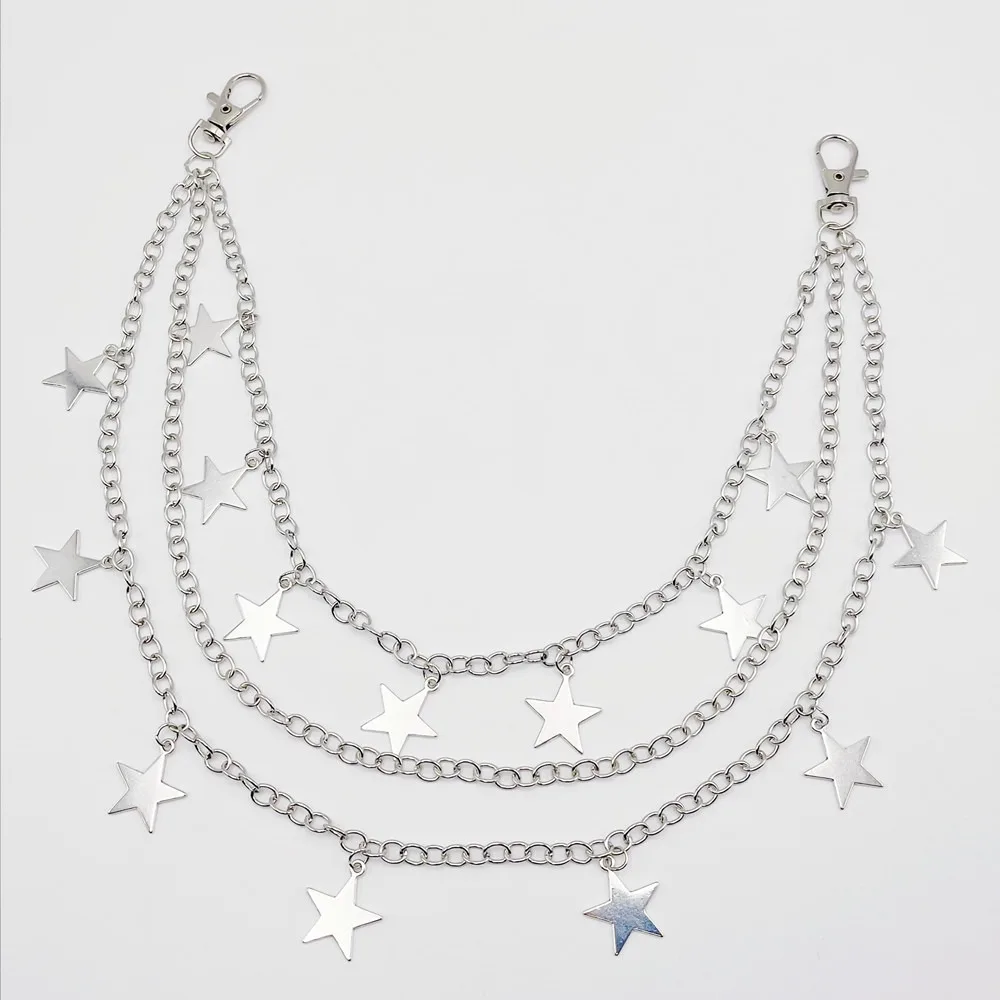 

Hip Hop Five-Pointed Star Pendants Necklace Butterfly Double Layer Pants Chain Pocket Decor with Tassel Stars Waist Chain Cool