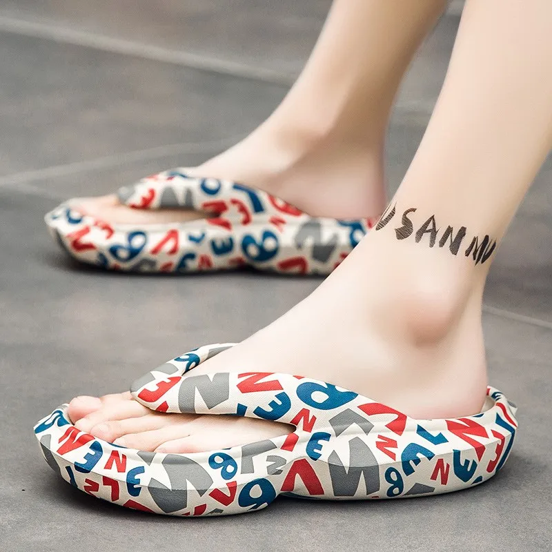 

Men Thick Soft Platform Slides EVA Printed Beach Shoes 2023 Summer Couple Plus Size Slipper Unisex Bathroom Flip Flops Slippers