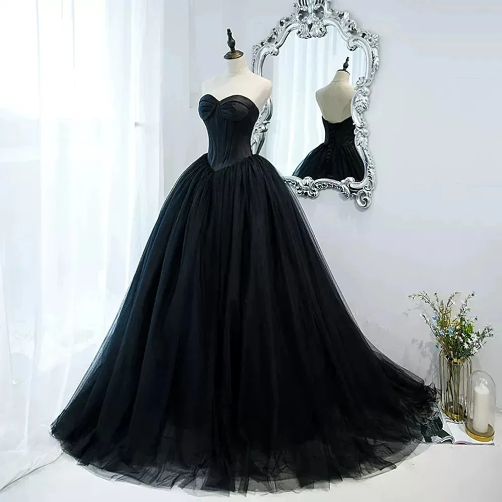 Gothic Black Tulle Prom Dresses Princess Sweetheart Satin Formal Evening  Gowns | eBay
