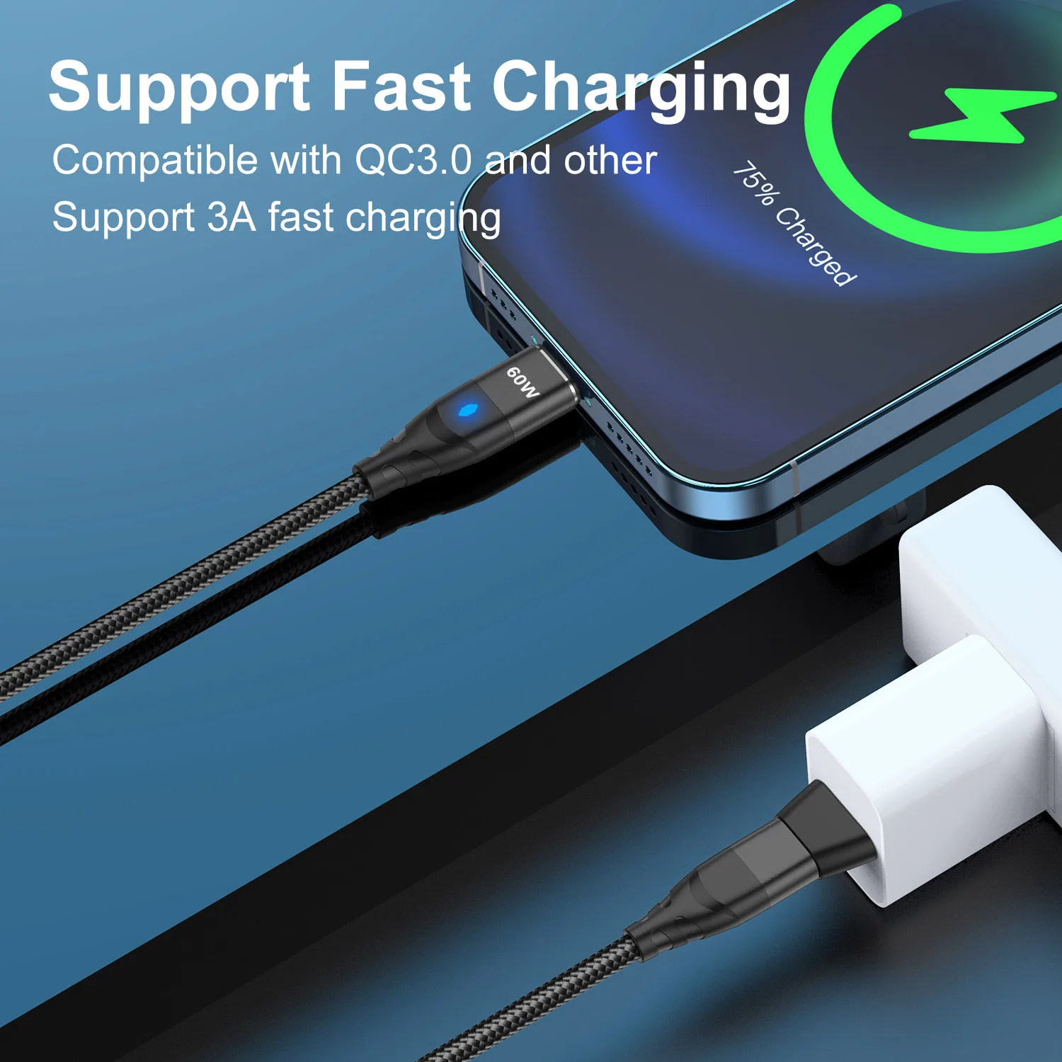 60W Magnetic Cable Fast Charging USB C To TypeC Micro Magnetic Data Cord For iPhone Samsung Magnet Charger Wire USB A Adapter