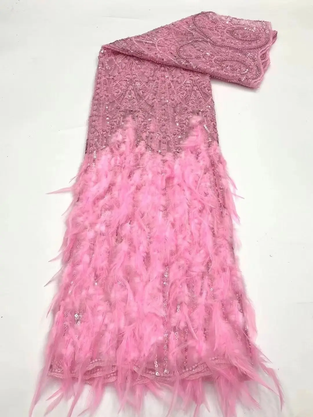 

African Lace feather and beads Fabric ZH-12202812 High Quality Lace Nigerian With Sequins French Tulle Lace Fabric For Wedding