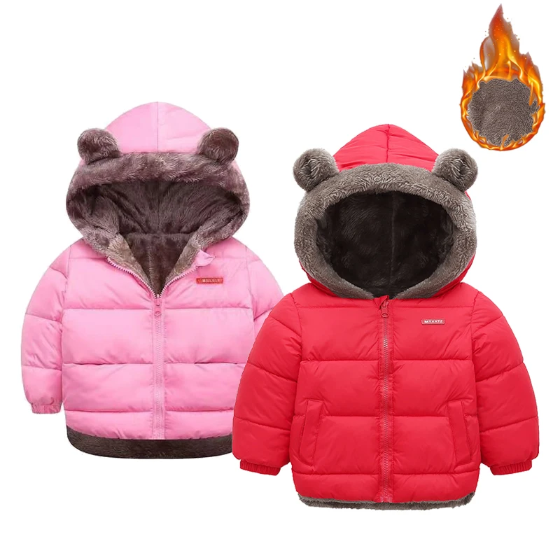 

New Winter Girls Jacket Cute Bear Ears Keep Warm Fashion Princess Coat Hooded Zipper Baby Outerwear 2-6 Years Children Clothing