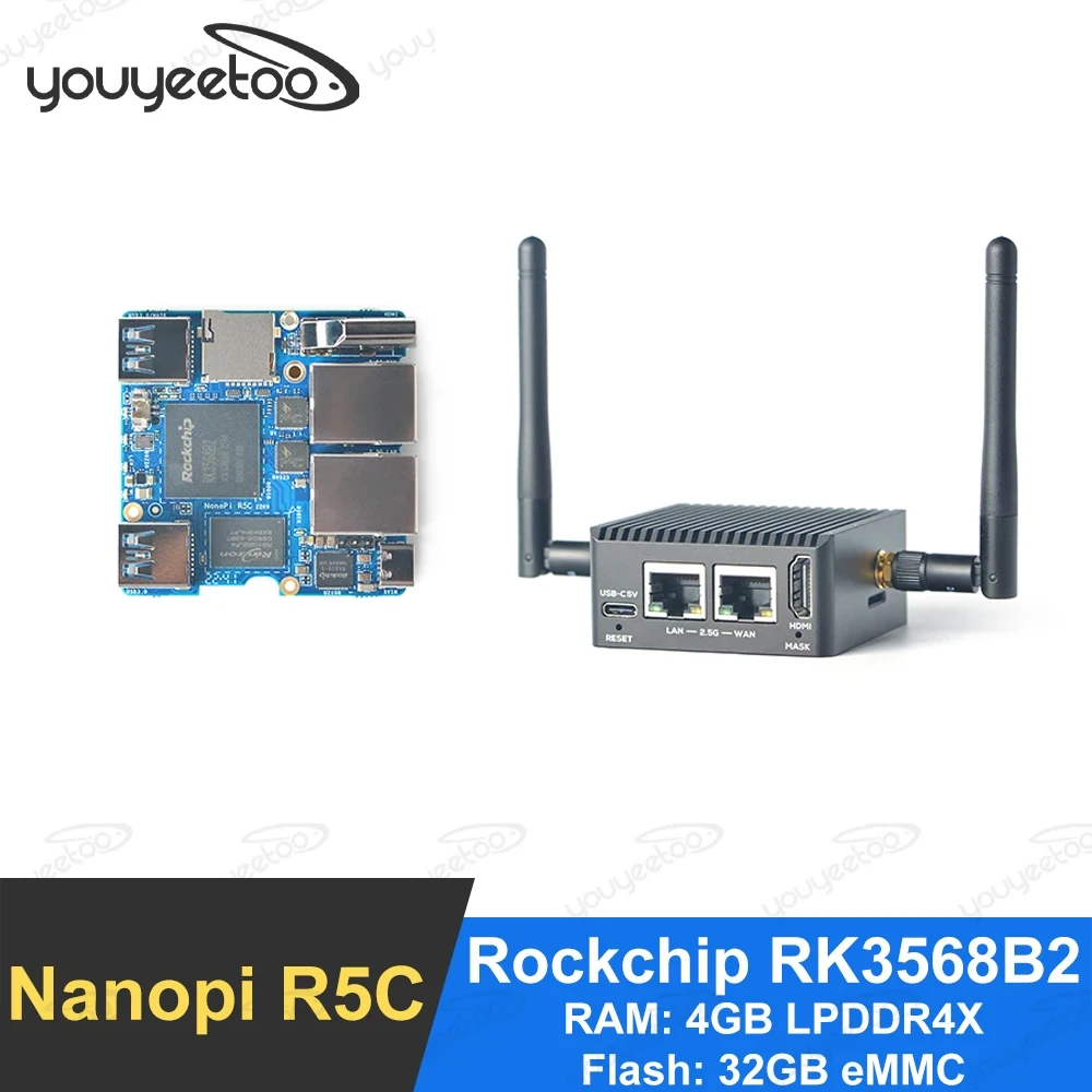 NanoPi R5C – Mini Router WiFi Open Source, Rockchip RK3568B2, 2GB RAM, 32GB EMMC, Dual 2.5GbE, M.2, HDMI, FriendlyWrt, Con Antenna