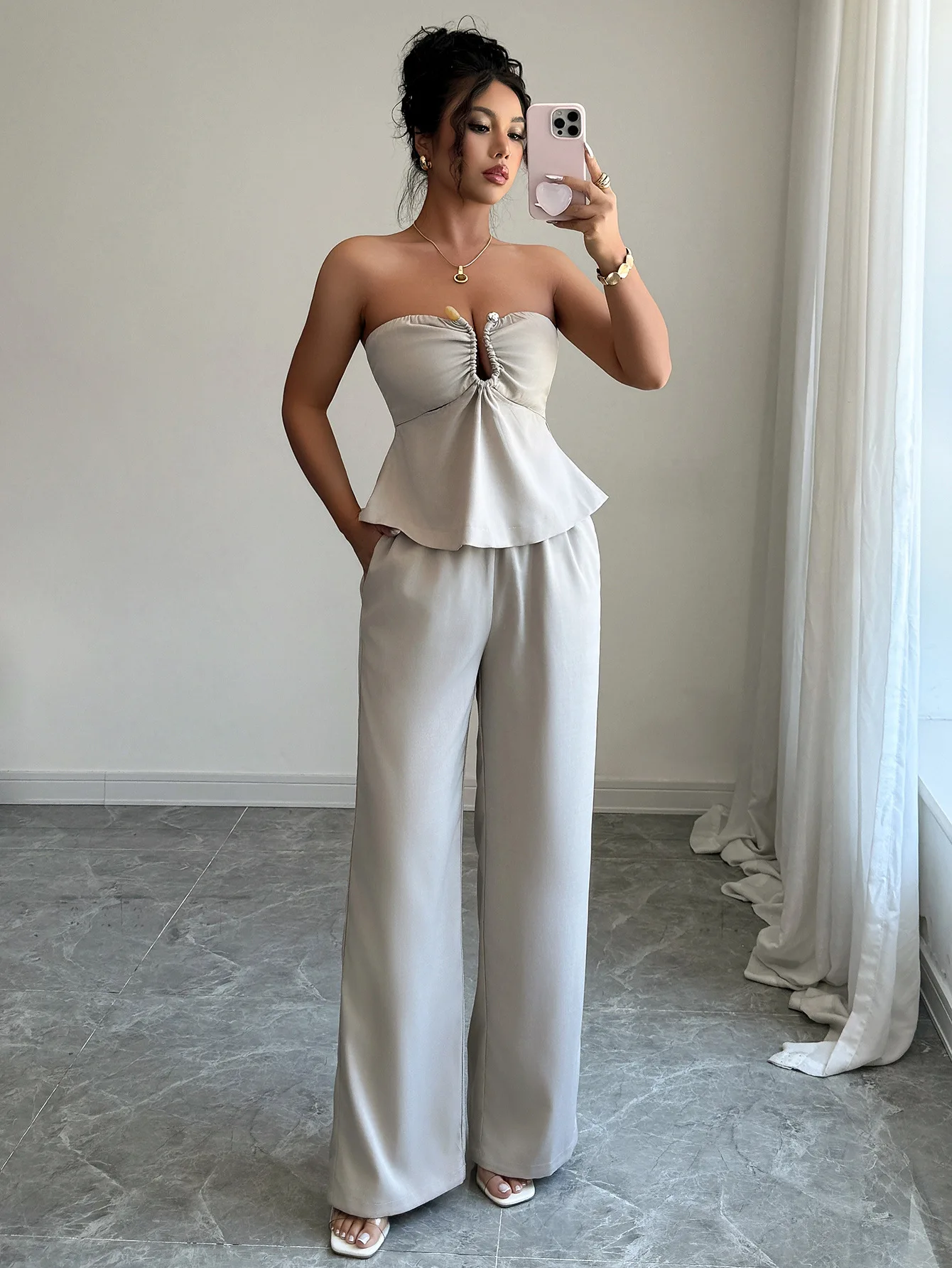 Europäischer und amerikanischer eleganter, schlichter, gerader Hosenanzug mit Röhrenoberteil für Damen, Frühling und Sommer – Detail 4