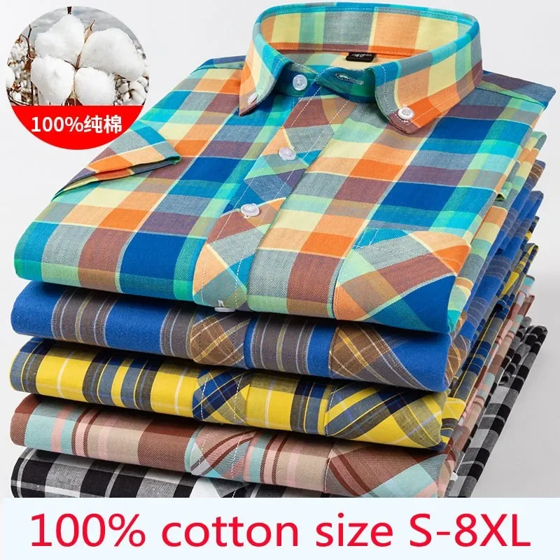 

New Arrival Fashion Super Large Summer 100% Cotton Plaid Young Men Summer Short Sleeve Casual Shirts Plus Size S-5XL 6XL 7XL 8XL