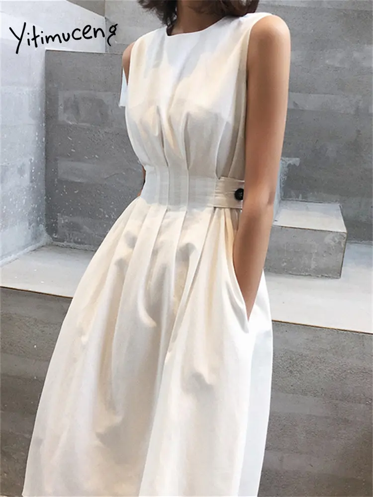 

BabYoung Solid For Women 2023 New Fashion Folds Sleeveless O Neck Summer Dresses Elegant Casual Loose Chic Y2k Dress