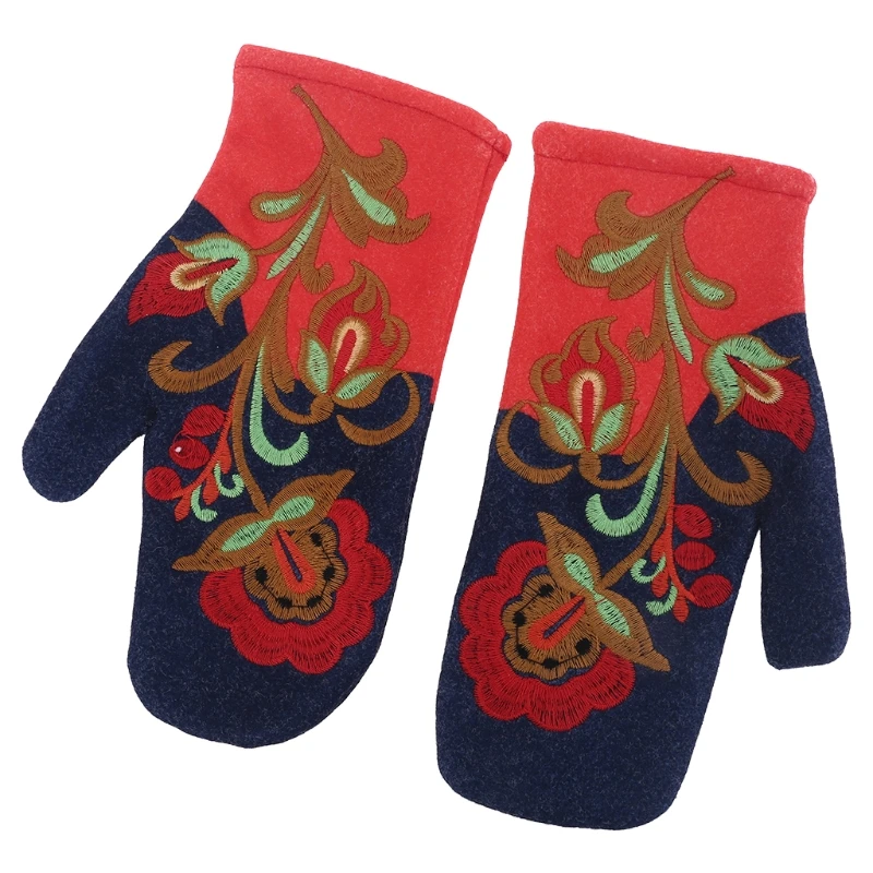 

50JB Winter Thermal Warm Cold Weather Full Finger Gloves Women Floral Embroidery Windproof Skiing Riding Breathable Mittens