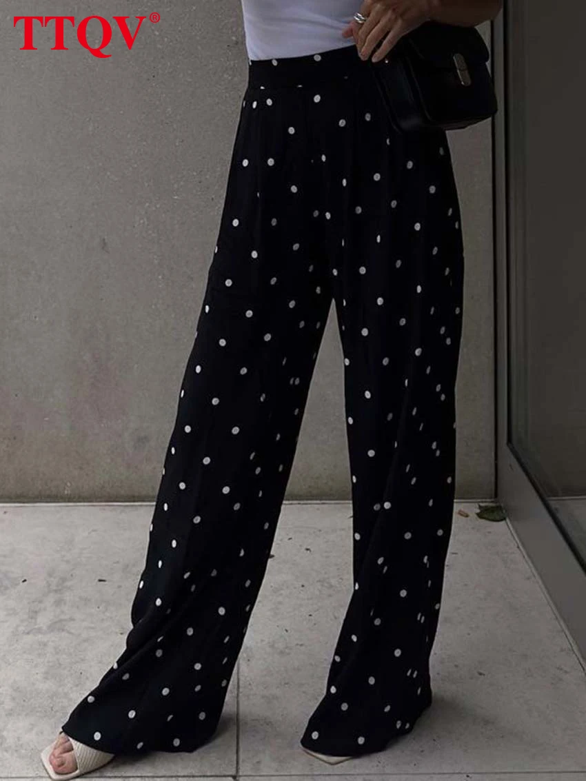 

TTQV Fashion Black Dot Print Pants For Women Casual Straight Full Length Pants Elegant New High Waisted Trousers Female Clothing