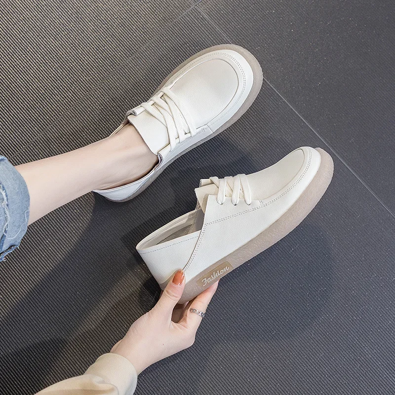 2.5cm Genuine Leather Women Oxfords Breathable Shoes Flats Comfy Lace Up Chunky Sneakers Spring Platform Wedge Loafer Slippers 3