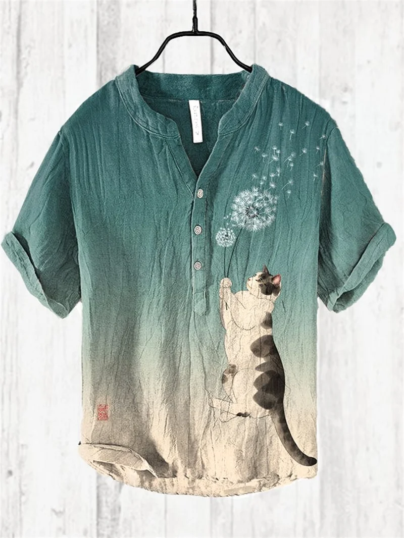 Casual short sleeved Hawaiian linen shirt with cat print Spring and summer