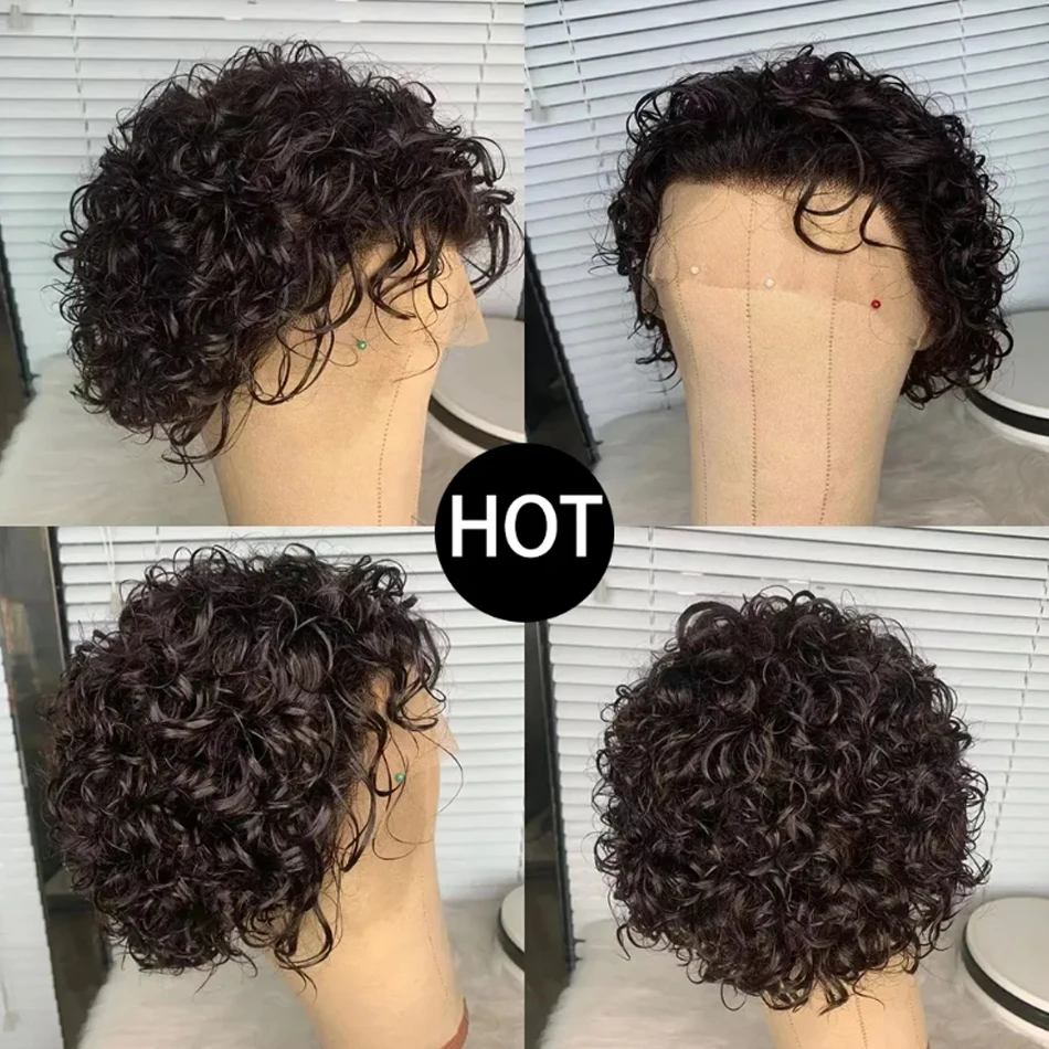 Human Hair Wigs Curly Pixie Cut Wig Lace Wig Water Curl Short Bob Human Hair For Women 13X1 Transparent Lace Hair Cheap Pre Plucked