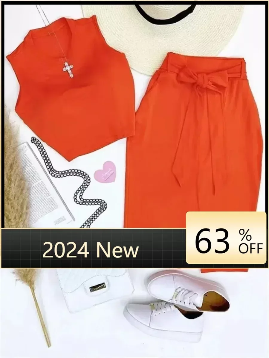 

Two Piece Sets Womens Outifits Summer Fashion Round Neck Sleeveless Crop Tank Top & Casual Wide Leg Drawstring Long Pants Set