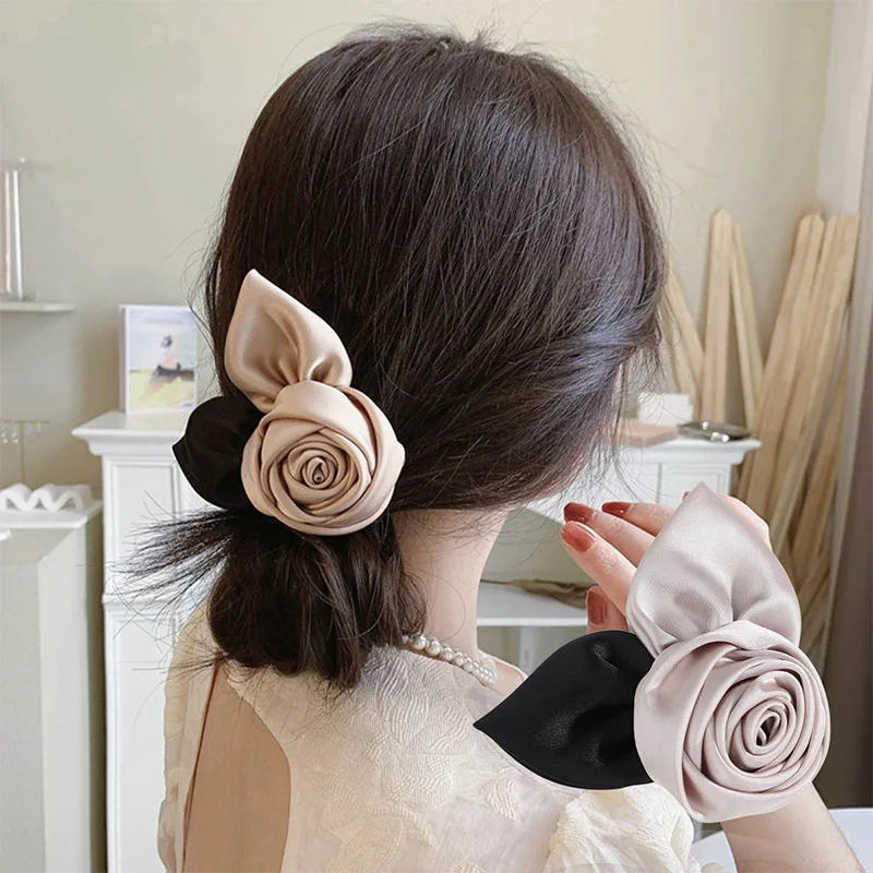 

CHIMERA Hair Accessories Elegant Satin Rose Flower Hairpin French Hair Barrettes for Women Ponytail Top Clips Headdress Hairgrip