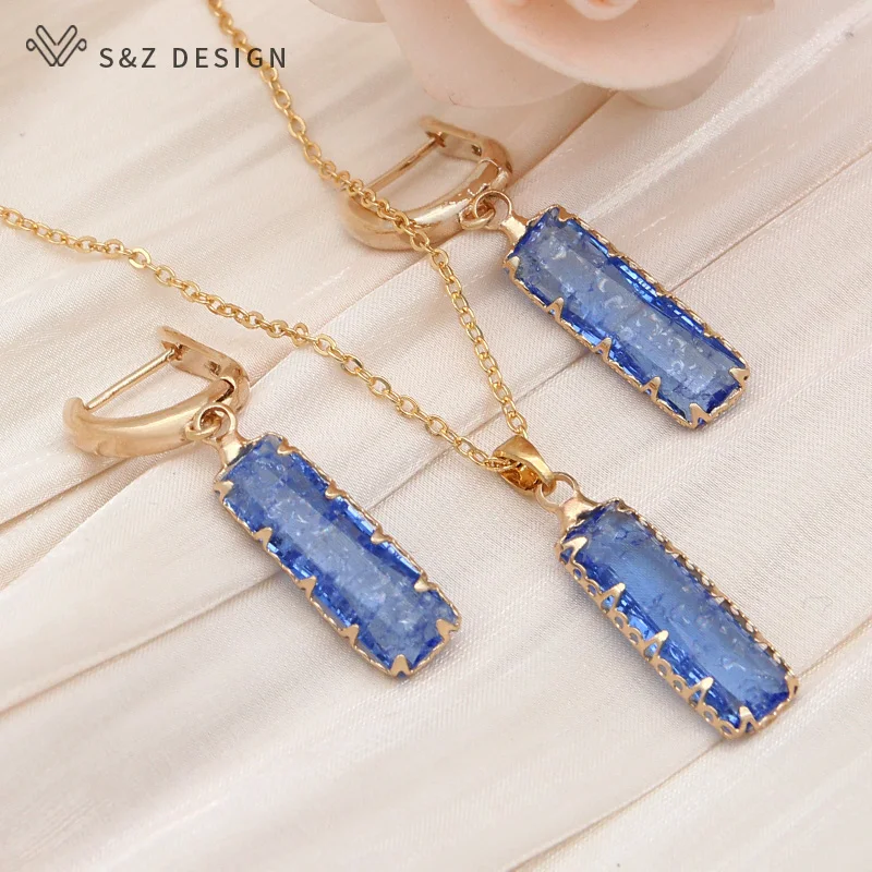 S&Z DESIGN New Fashion Rectangle Ice Crack Crystal Dangle Earrings For Women Wedding 585 Rose Gold Color Eardrop Jewelry Gift