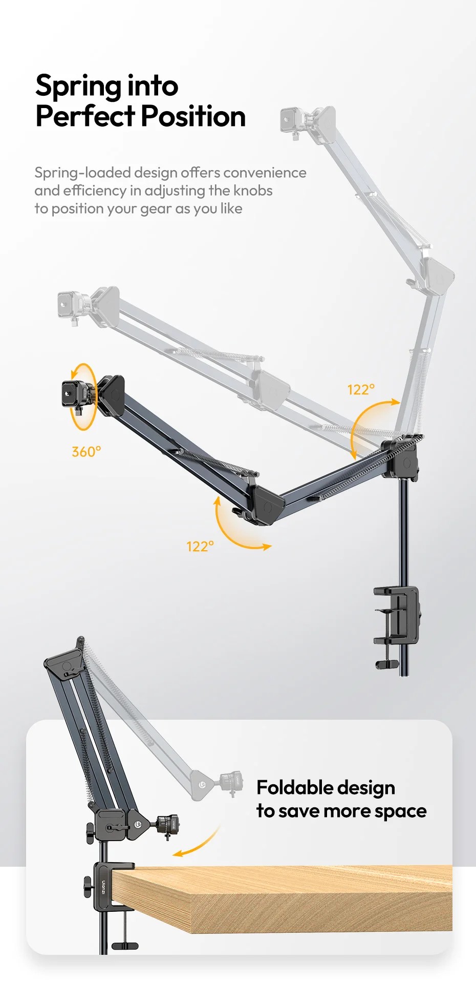 Overhead Camera Mount Microphone Stand Detachable C-clamp 2KG Load for Camera Mi