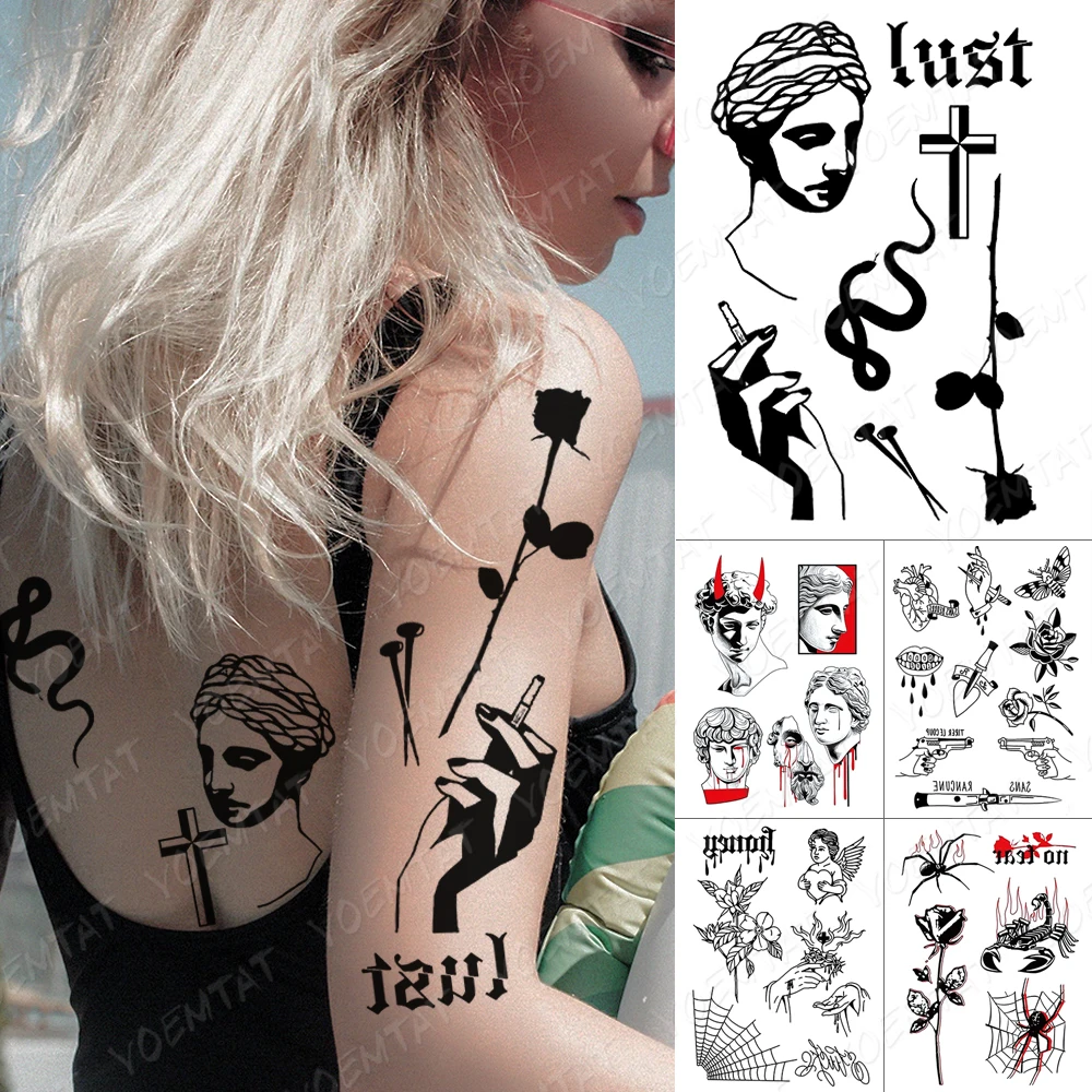 

Waterproof Temporary Tattoo Stickers David Rose Hand Knife Spider Scorpion Body Art Fake Tatto Men Women Flash Transfer Tattoos