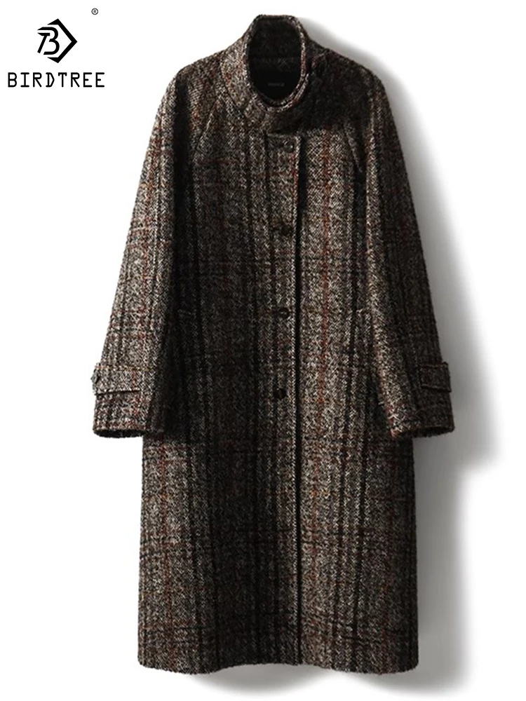 

Birdtree 63.8% Sheep Wool Vintage Check Coat Standing Temperament Warm Fashion British Style Commute Overcoat Fall C30828QD