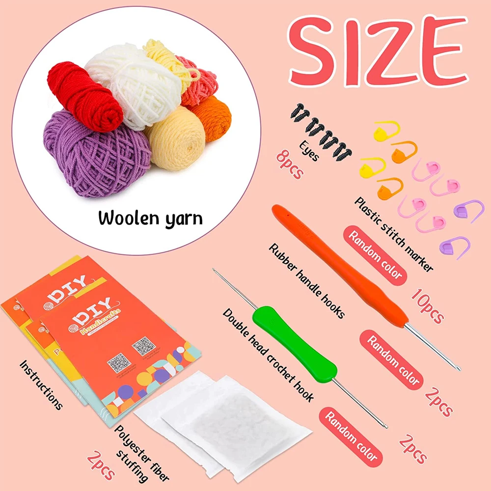초보자용 노란색 공룡 보라색 펭귄 DIY 크로 셰 뜨개질 동물 키트, 원사 무작위 색상 후크 뜨게 액세서리