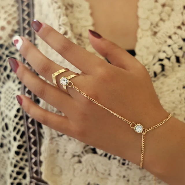 Bohemia Punk Link Chain Ring Connected Bracelets Gold Color Metal Finger  Ring Bracelets Hand Harness Fashion Jewelry Women - AliExpress