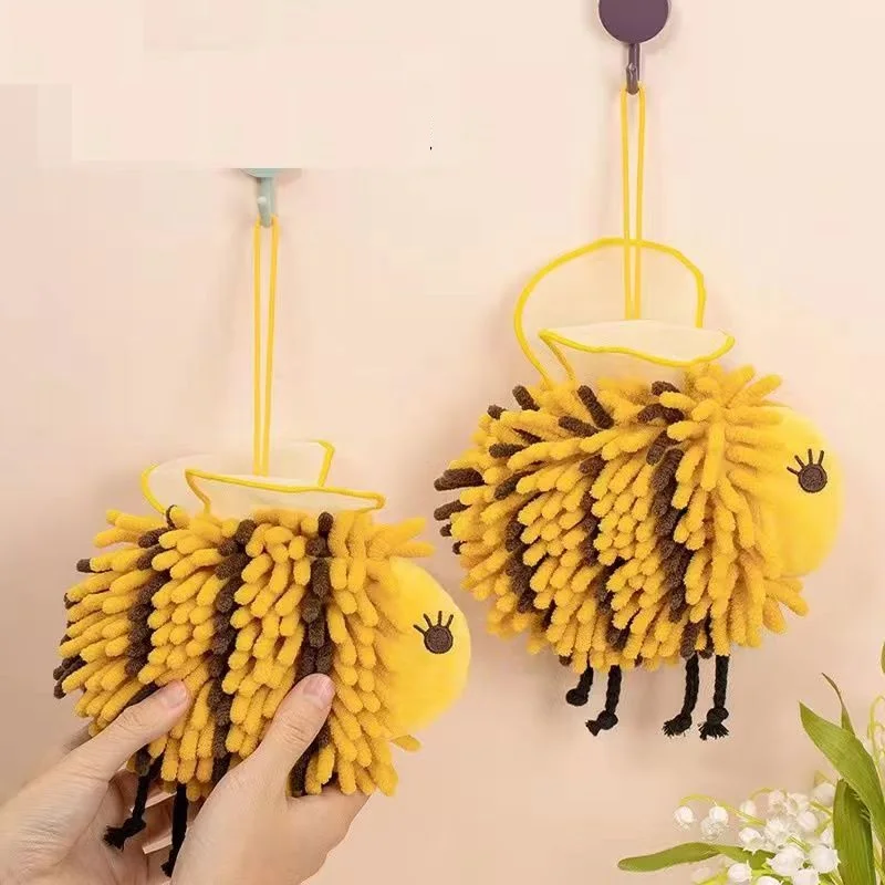 Hand Towels Chenille Kitchen Bathroom Cartoon Bee Shape Hanging Loops Quick Dry Soft Absorbent