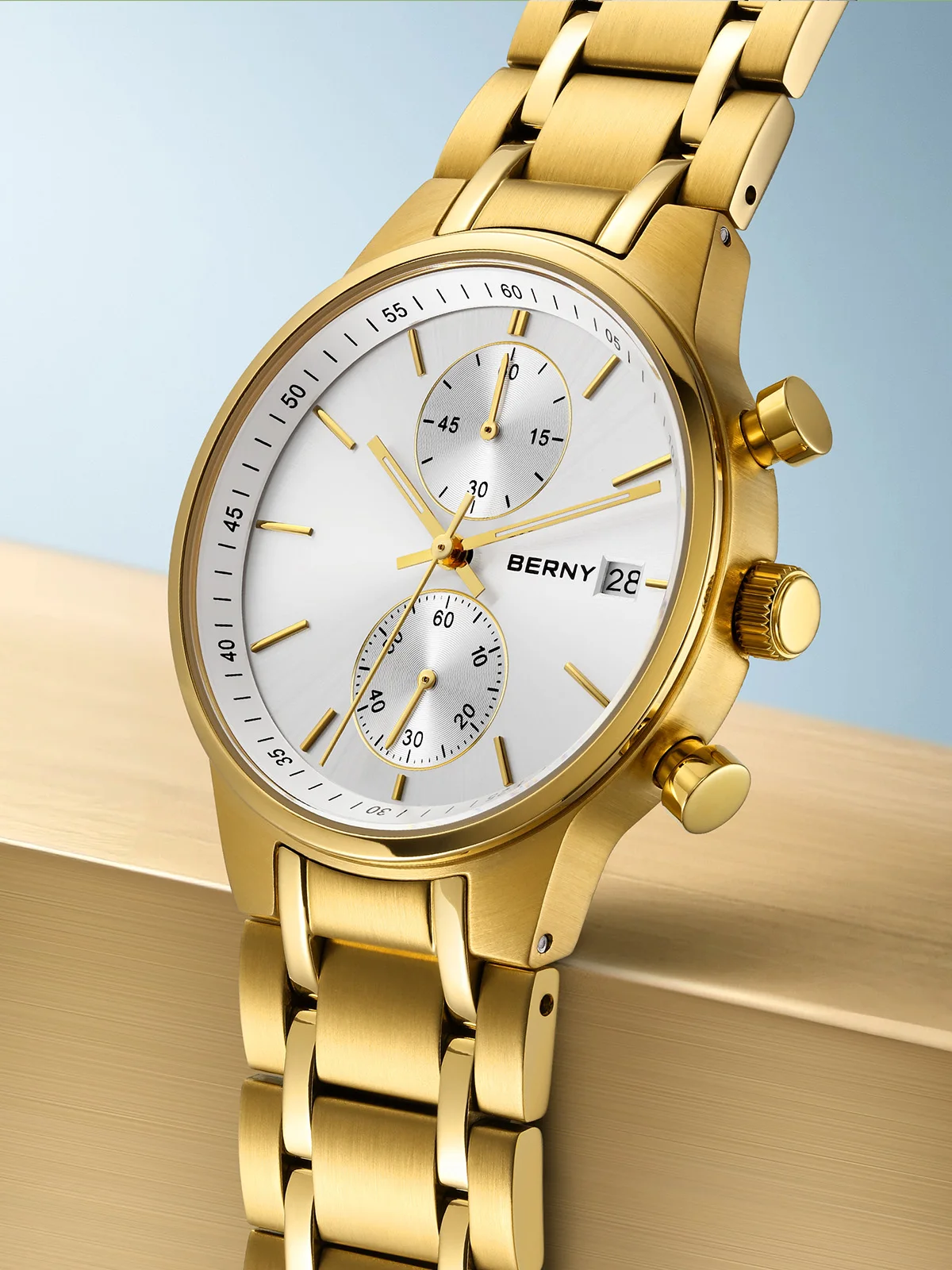 BERNY Golduhren für Herren, luxuriöse Mode, Multifunktions-Chronograph, Quarzuhr, leuchtendes Datum, Sport-Armbanduhr – Detail 2