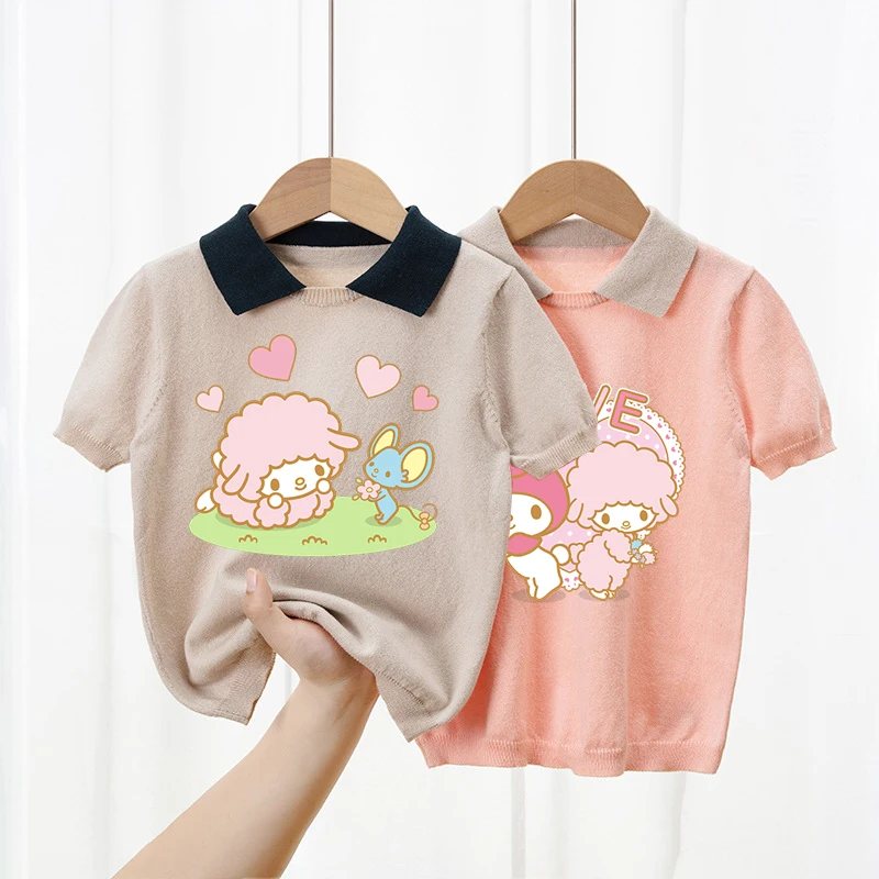 

Sanrios My Melody Children's Lapel Short-Sleeved T-Shirt Girls' Summer Cotton Jersey Clashing Colour Peplum T-Shirt Gift