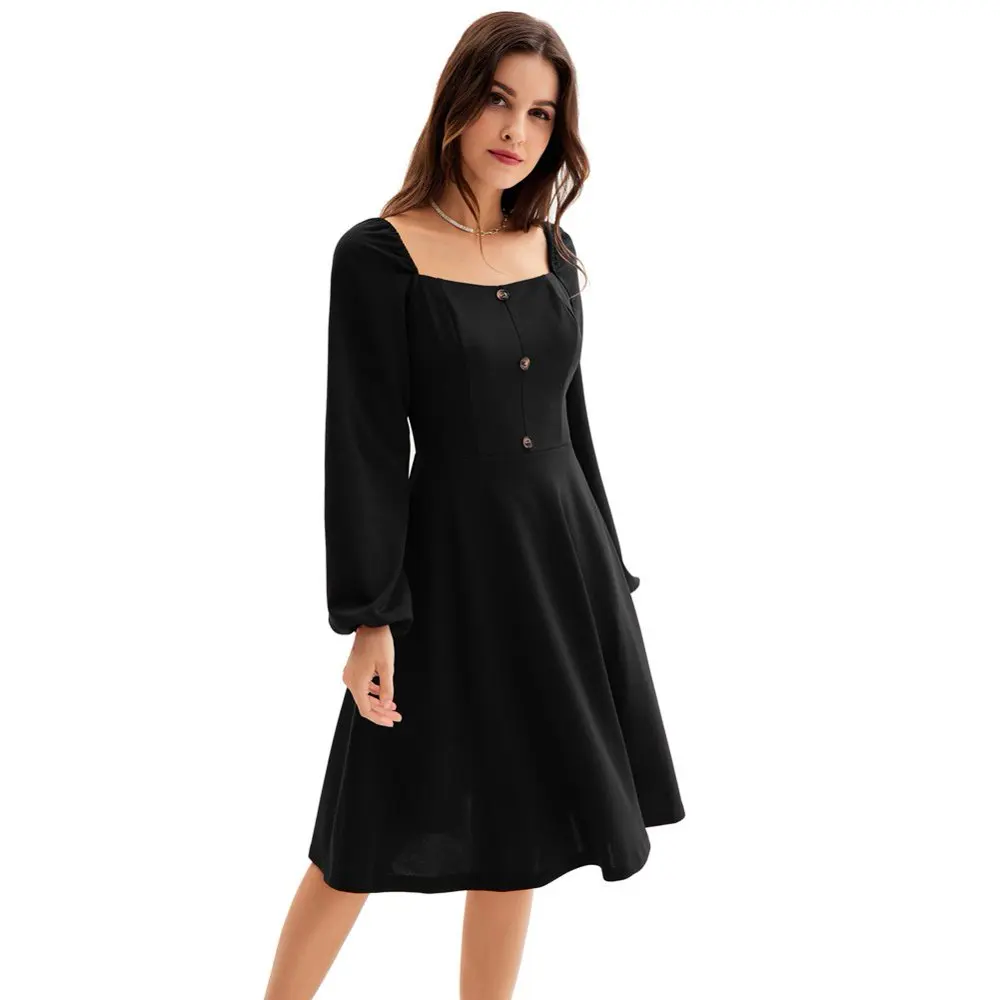 Women`s Casual Square Neck Button Down Dress Long Sleeve Defined Waist Flared A-Line Dress -S695749ed3db84e2394d82387aa97c0a9k