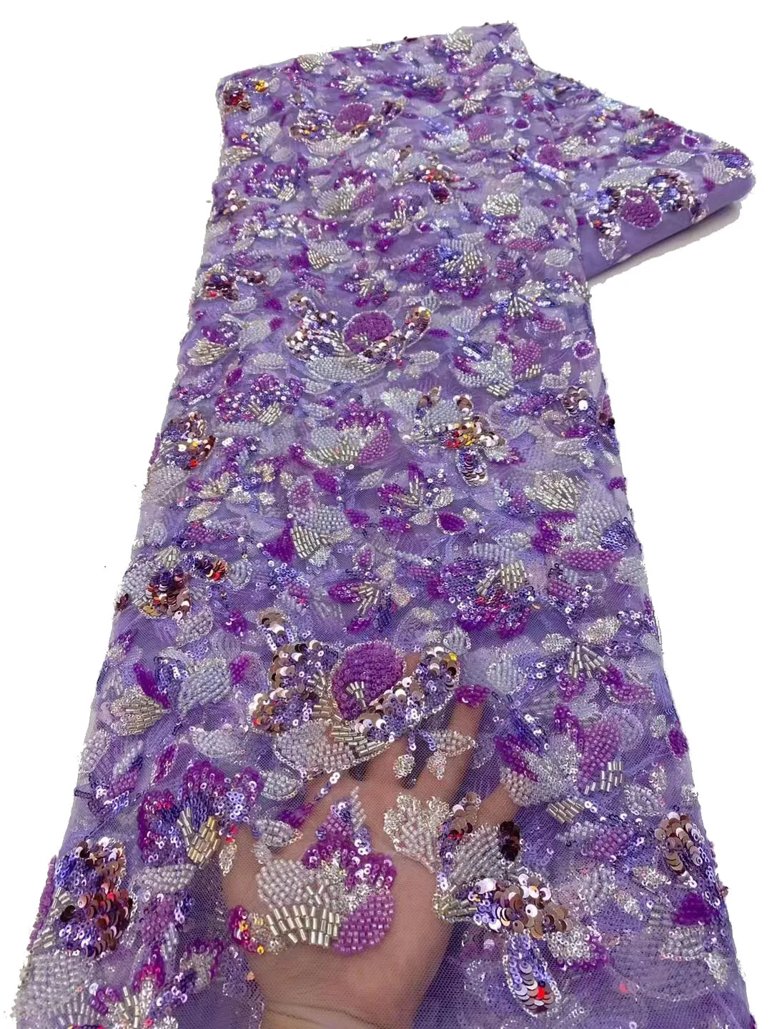 

Exquisite multi-coloured heavy beaded tube sequin combination floral embroidery, quality lace, stylish dress fabric