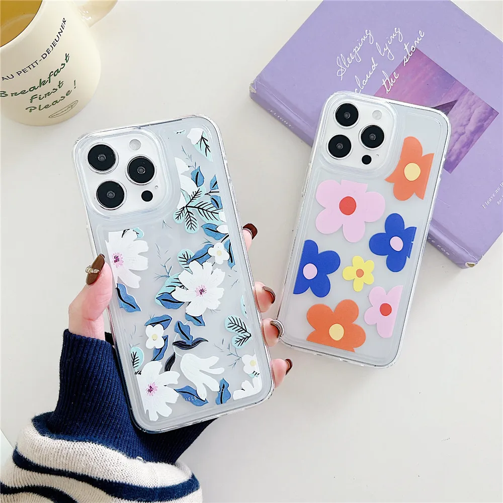 Coque de téléphone à fleurs mignonnes de style coréen INS pour iPhone 15 14 12 13 11 Pro Max 14Plus 15Plus en silicone souple transparent résistant aux chocs_voghion.com