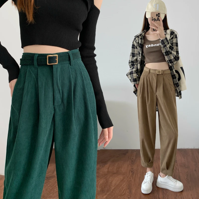 

Vintage Corduroy Haren Pants with Belt Casual High-waisted Corset Trousers Women Spring Fall Fashion Baggy Wide Leg Pants New