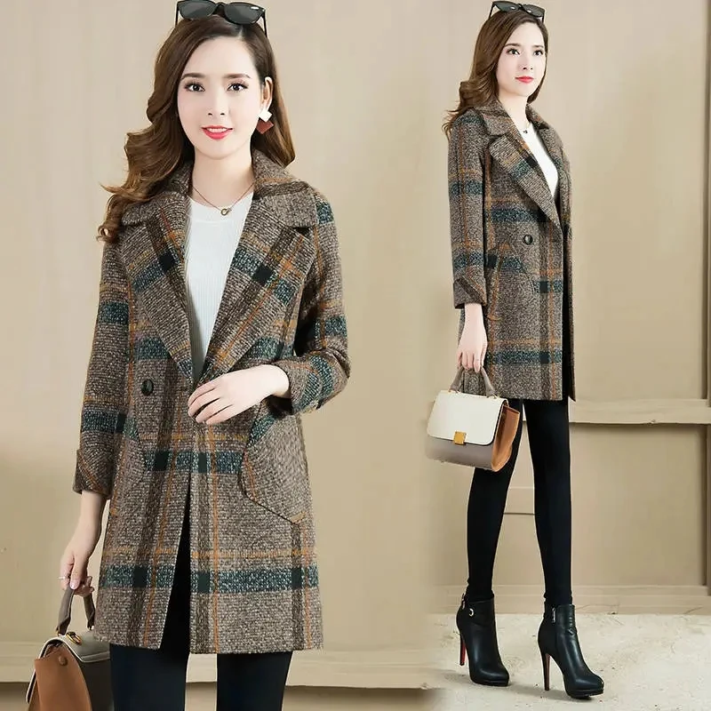 

Woolen Coat Women's Spring Autumn Winter NEW Thicken Medium Length Wool Jacket Middle Aged Elderly Mother Plaid Windbreaker 4XL