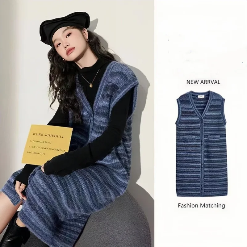 

Autumn and Winter French Luxury Blue V-neck Mid Length Knitted Dress Paired with Black Fashion Bottom Two Piece Set For Women