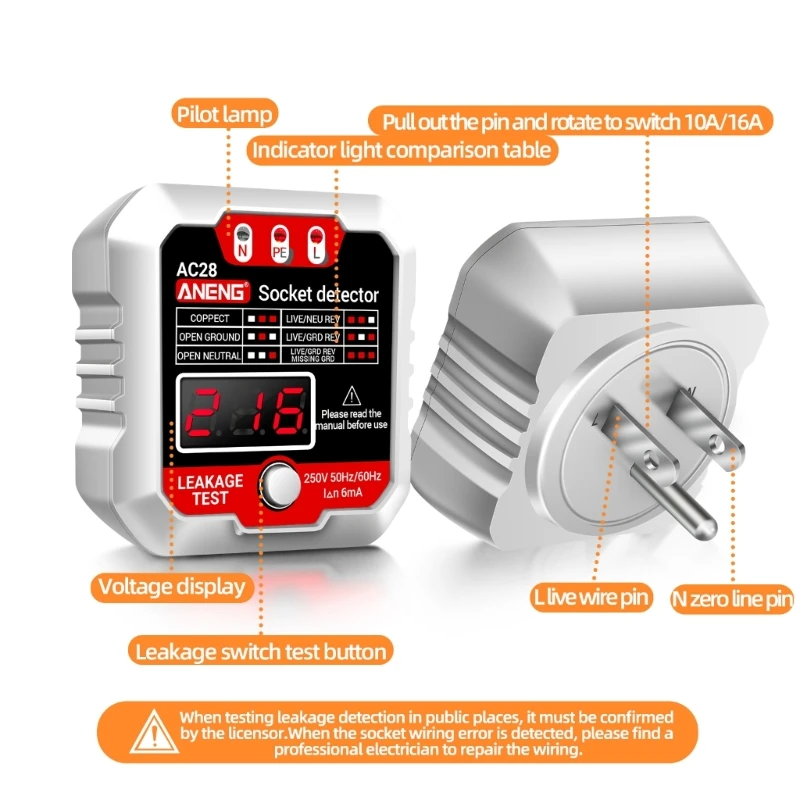 ANENG AC28 Socket Detector US/EU Universal Battery Tester Checker Test Power Socker LCD Voltage Tester Phase Meter Detector Tool 4
