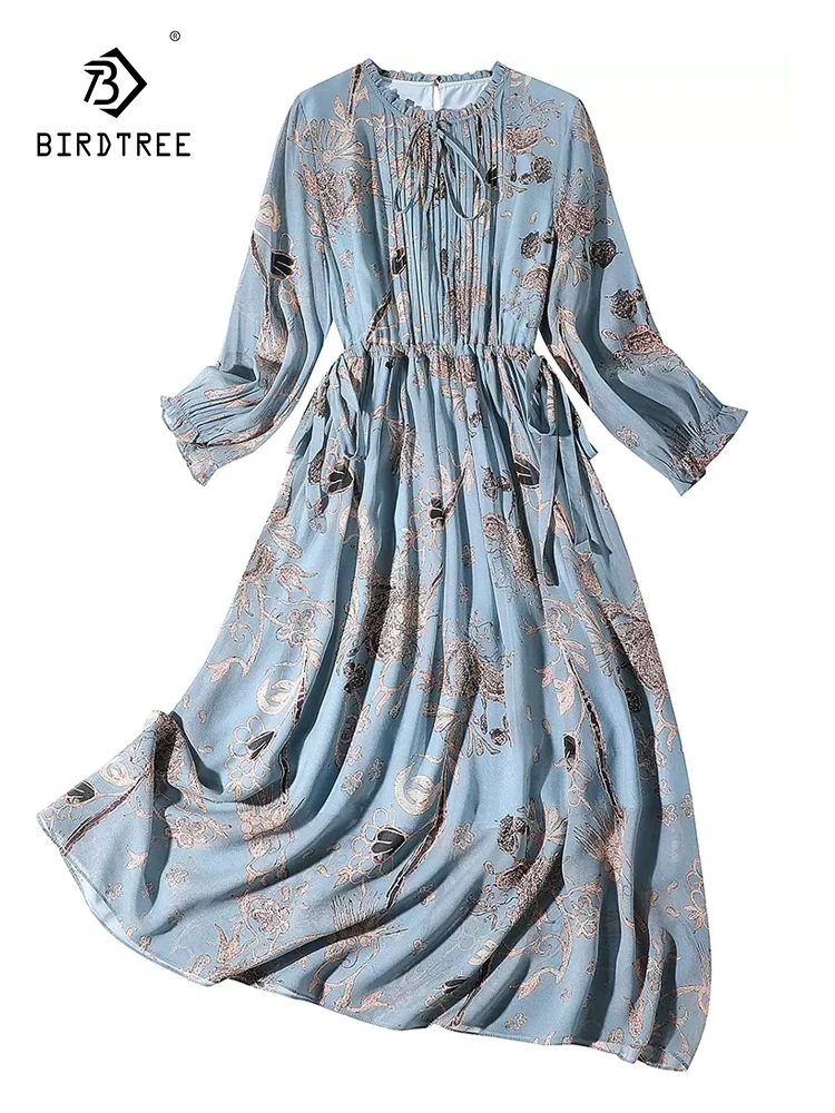 

Birdtree 100%Mulberry Silk Printed Elegant Dress 2023 Summer Autumn New Waist Wrapped Wooden Ear Edge Long Korean Dress D38919QC