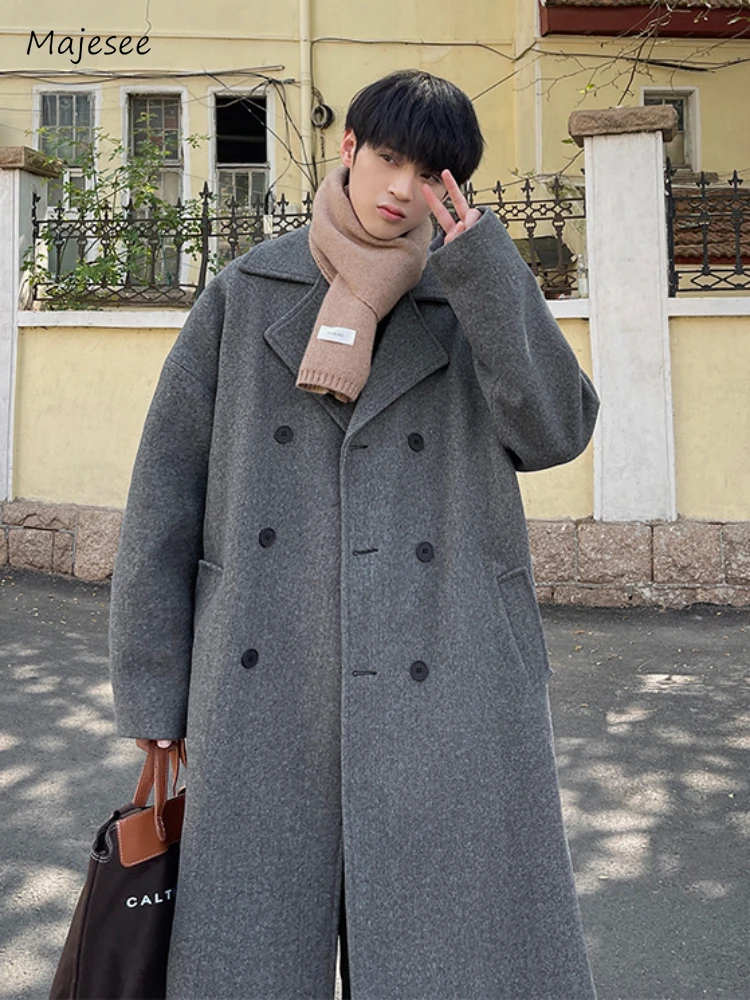 Korean Trend Blends Men Autumn Temperament Handsome Baggy Double Breasted Fashion Cozy Blocking Overcoats Pure Color Classic