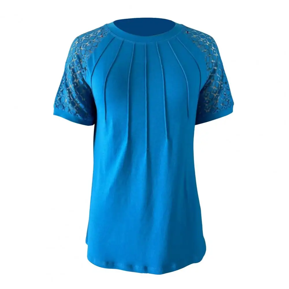 

Women T-shirt Female Tee Shirt Stylish Women's Summer Tops Pleated O-neck Tee Shirt with Mesh Lace Detailing Raglan Sleeve for A