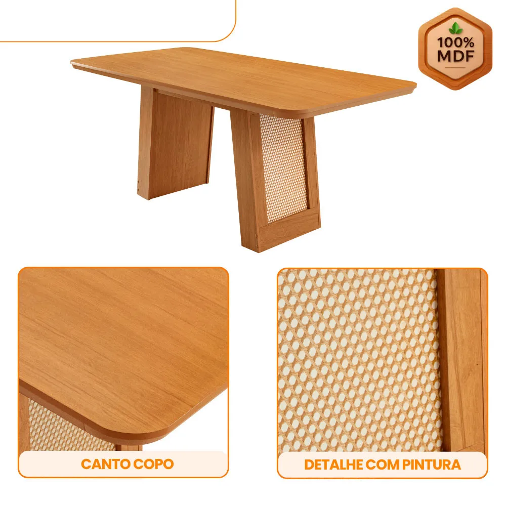 Mesa de Jantar Carolina 180cm Tampo Mdf Canto Copo Moderna Mobília 3