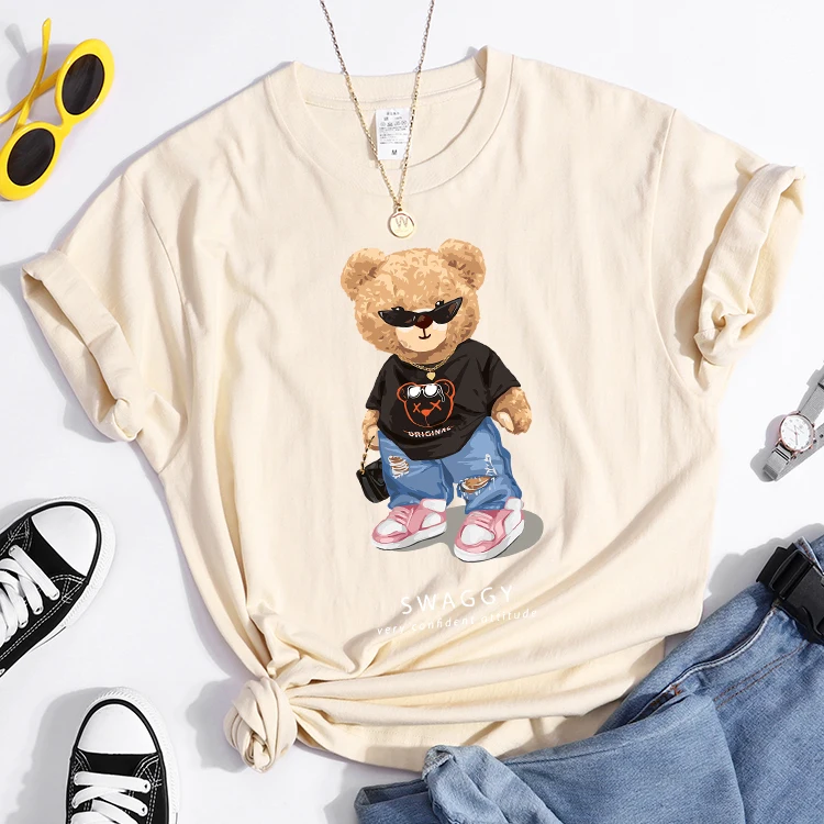 Teddy Bear Goes Out,Be Confidence Be Positive Tshirt Original Soft Tshirt Trend Simple Tee Top Summer Individual Women Tshirt