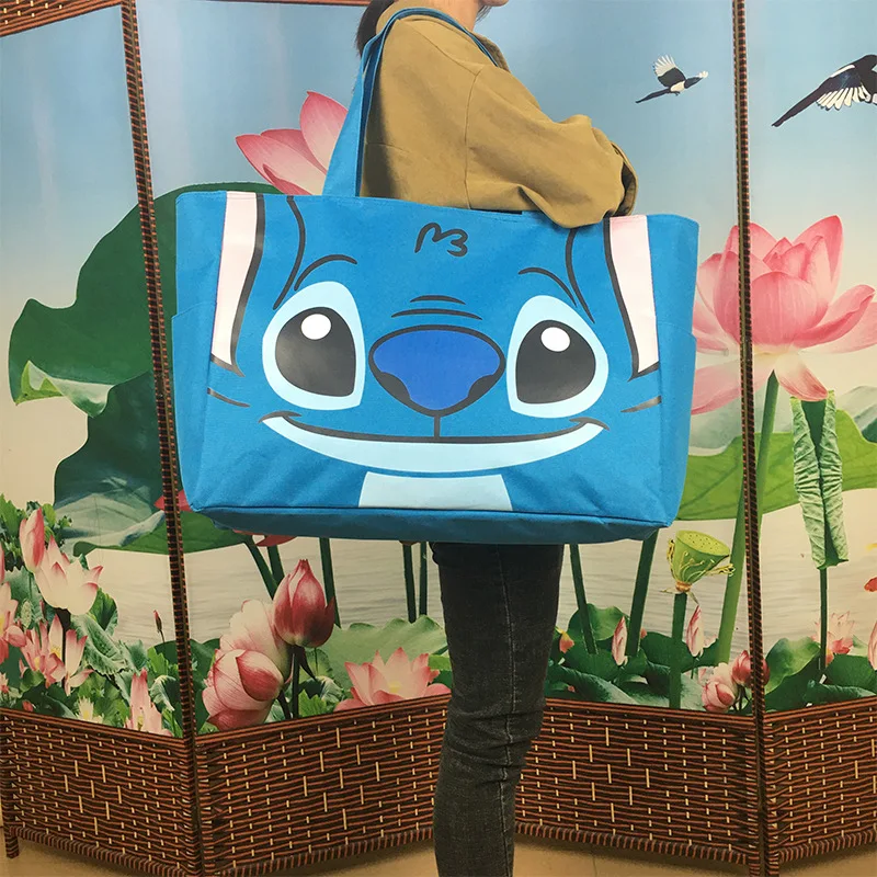 Disney Cartoon Stitch Oxford Cloth Folding Shopping Bag Oversized Zipper Tote Bag Folding Large Capacity Travel Bag Women Supply